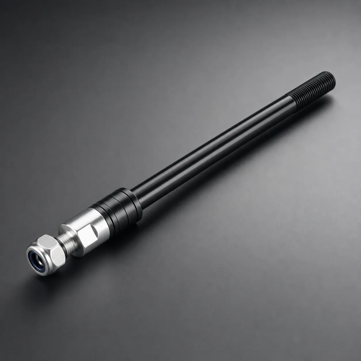 Close-up image of a black and silver replacement axle for 12 mm thru-axle bikes, displayed on a clean dark grey background highlighting its metal finish and threading detail.