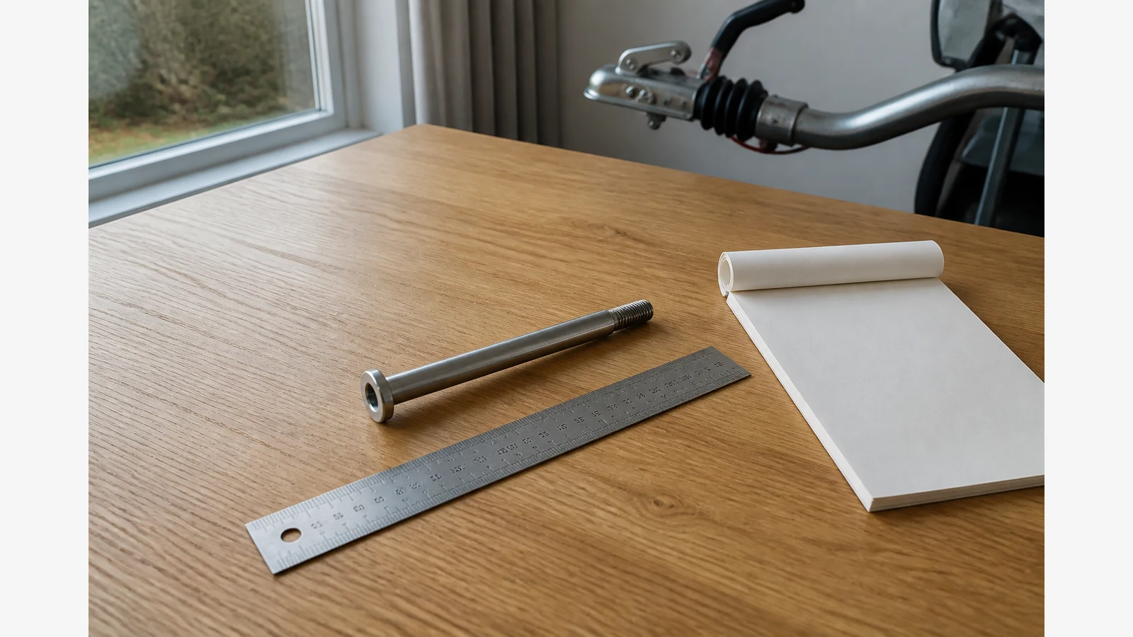 Measuring a removed 12 mm bike thru axle with a ruler for trailer hitch fitment